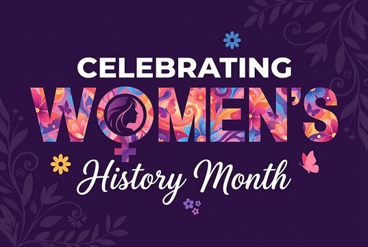 March women history month celebration text with colorful abstract women silhouettes and purple background with floral elements and butterflies