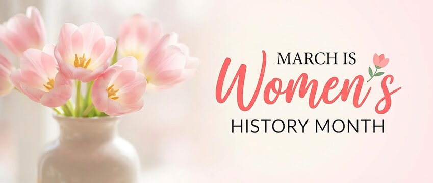 Pink tulips in vase celebrating international women's history month March greetings with flowers and lettering soft background and copy space for design and cards