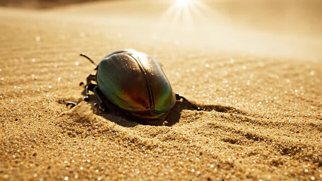 Chitinous Scarab Beetle Carapace Reflecting Desert Sun on Sandy Surface