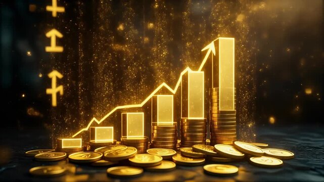 Gold Coins with Glowing Holographic Bar Graph Rising on Dark Surface, Macro