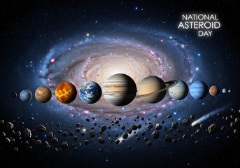 Celestial bodies including rocky planets, gas giants, and an asteroid belt are depicted against a backdrop of a spiral galaxy.