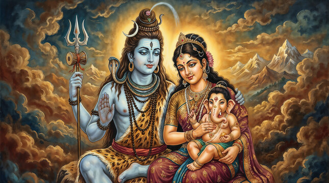 Holy family portrait of Lord Shiva Parvati and baby Ganesha surrounded by divine golden aura sacred mountains and spiritual heavenly light