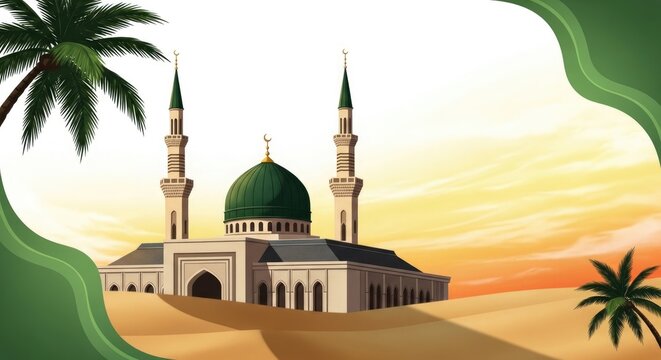 Eid mubarak greetings with beautiful mosque landscape and palm trees