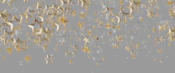 Abstract background featuring gold stars and snowflakes falling on a gradient gray background, idea
