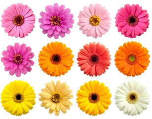 Colorful gerbera daisy flowers in a grid pattern isolated on white background