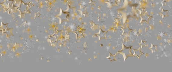 Festive image of gold stars and snowflakes falling on a gray surface, perfect for holiday greetings © vegefox.com