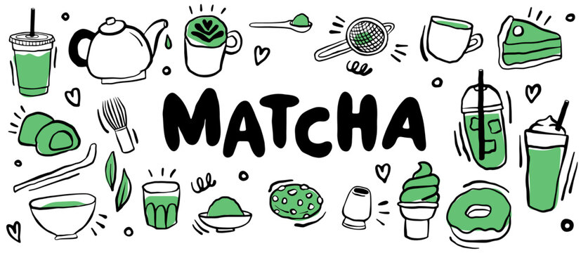 Matcha Doodle Illustration Set &ndash; Green Tea Drinks and Desserts Hand Drawn Icons
