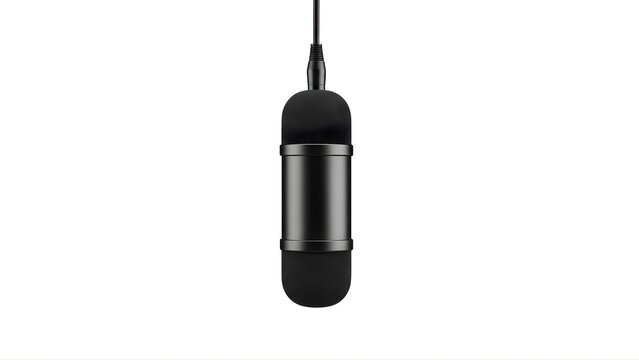A sleek black microphone hanging from a cable on a transparent background