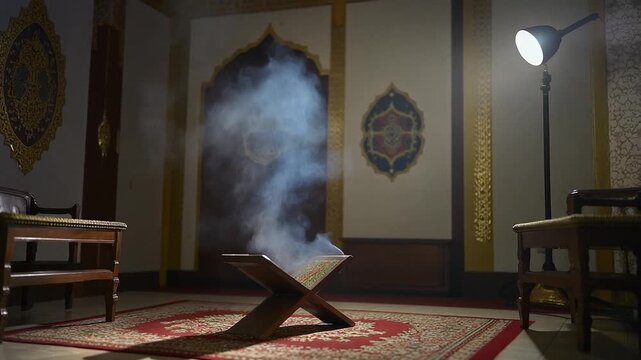 Holy Book Stand Rehal with Incense Smoke in Ornate Spiritual Room