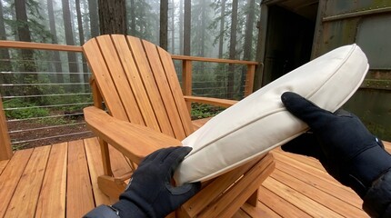 Person in gloves holding a white object on a wooden deck with an Adirondack chair and forest in the background.