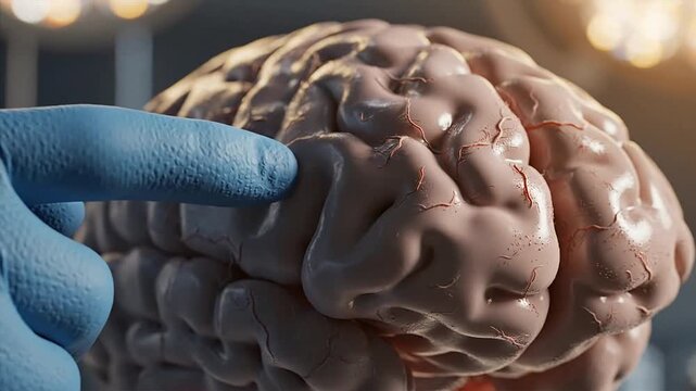 A gloved hand pointing at a detailed human brain model in a laboratory setting from a close-up viewpoint