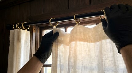 Person in black gloves hanging white curtains on a window.