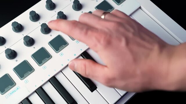 Close-up of a hand turning a knob on a compact MIDI keyboard controller with pads, showing real home studio workflow for shaping sound during music production.