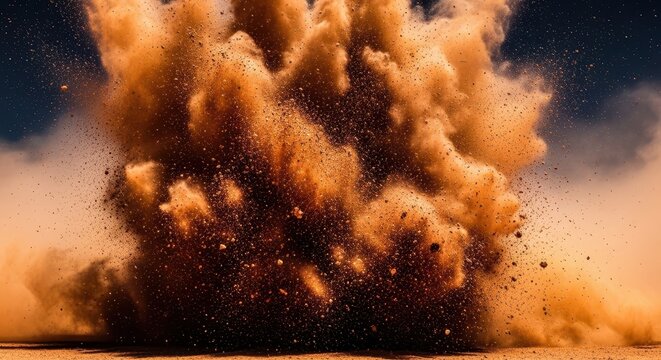 A large, turbulent cloud of fine particulate matter, dust, and dry earth explodes upwards, obscuring the view and creating haze, rising, terrain, hazy