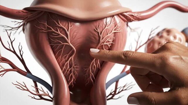 A hand pointing to a detailed illustration of the female reproductive system showing the uterus and fallopian tubes