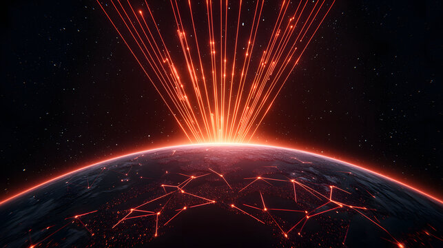 Stunning digital representation of Earth with vibrant red-light beams radiating from horizon
