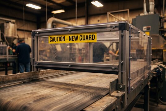 Transparent safety guard with caution sign over industrial conveyor belt