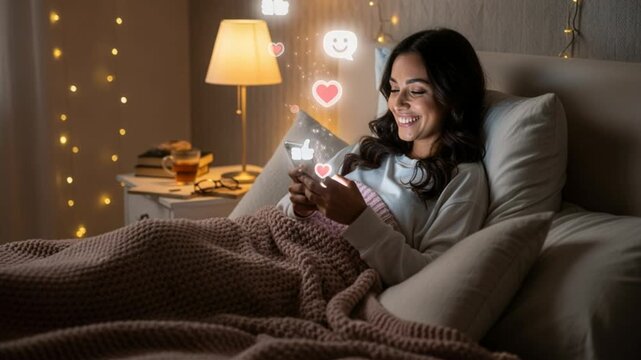 Happy woman using smartphone in bed with social media engagement icons emerging from the phone at night