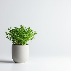 Fototapeta premium Studio shot of a small green houseplant in a minimalist ceramic container isolated on a pure white background for design elements, product, simple, presentation