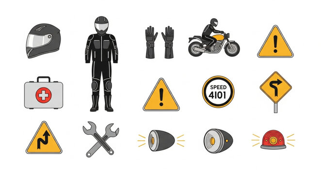 Motorcycle Rider Safety Gear and Road Signs Collection.