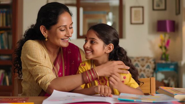 Indian caregiver celebrating a child&rsquo;s completed school task with positive body language, emotional connection, realistic Indian lifestyle photography