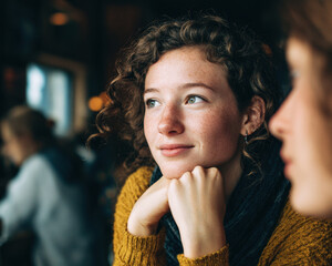 Young woman thoughtful portrait young woman attentive curly hair freckled skin green eyes indoor cafe
