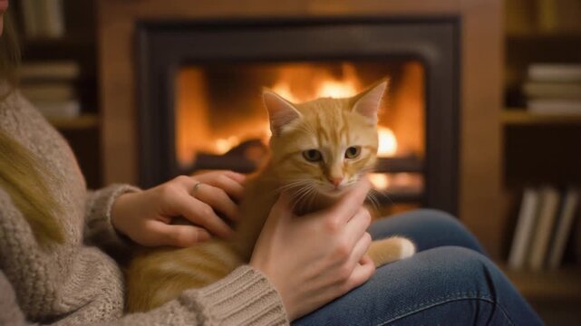 Woman holding orange kitten by fireplace.
