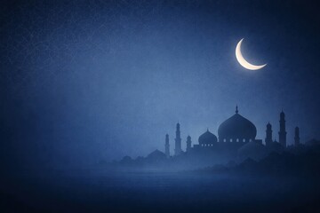 Premium Ramadan Islamic background featuring deep blue arabesque geometric patterns on a soft white backdrop, elegant golden crescent moon, and refined mosque silhouette. 