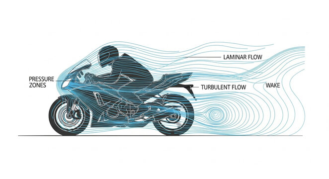 Motorcycle rider in aerodynamic airflow simulation.