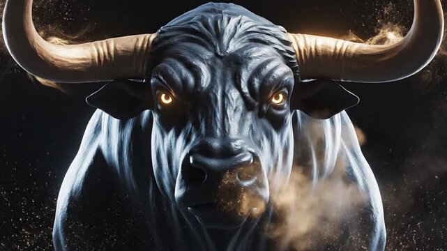 A powerful and majestic dark bull with glowing golden eyes and formidable horns, radiating raw strength and an intense, mysterious aura against a smoky, textured background