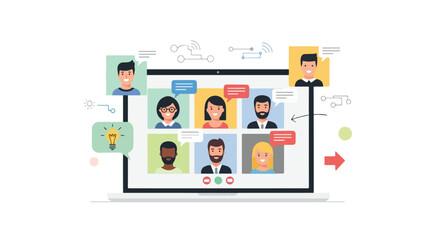 Illustration of a diverse group of people on a video conference call on a laptop screen with various icons and speech bubbles around it on a white background.