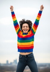 Woman jumping with arms raised wearing rainbow sweater