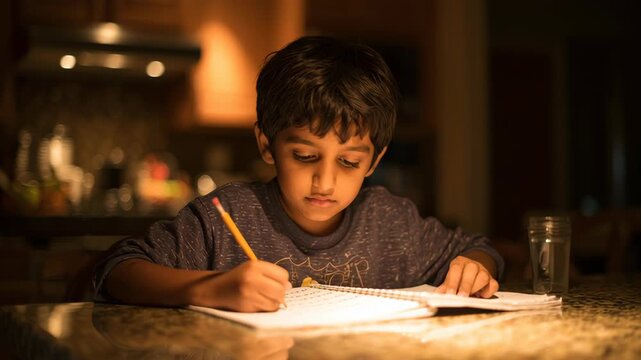 Indian child practicing spelling words at a kitchen table, notebook open, pencil paused mid-air, warm Indian household lighting, quiet focus, intimate learning moment