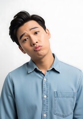 Obraz premium Young man pouting with pursed lips against white background
