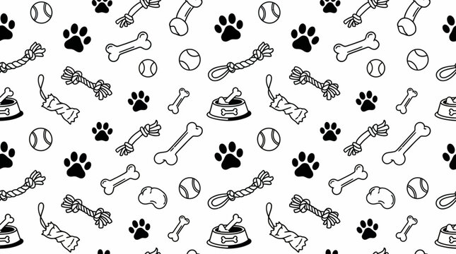 Seamless pattern of black and white dog essentials including paw prints, bones, tennis balls and toys, concept for pet shop packaging, fabric printing and veterinary branding