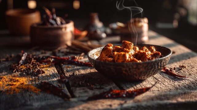 A rustic scene with a steaming bowl of spicy meat curry on a wooden table, surrounded by scattered spices and dried chilies.