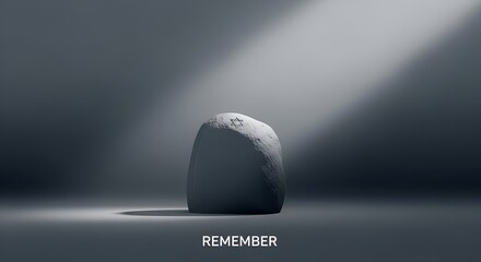 Solemn Stone with REMEMBER Inscription Under Spotlight in Dark Room.