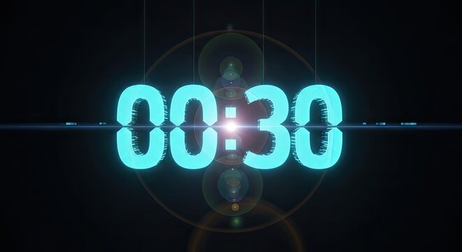 Countdown sequence shimmering thirty seconds mark against a dark backdrop effect
