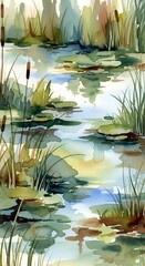Watercolor painting of a serene pond with lily pads and tall reeds.