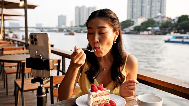 Asian woman vlogging and eating cake outdoors, showing thumbs up in a riverside cafe with views