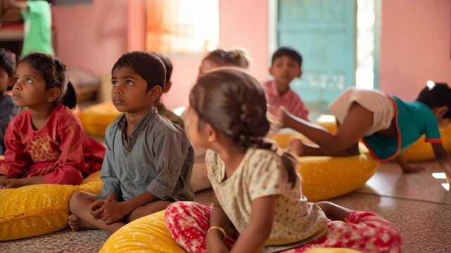 Indian children listening attentively during story time, sitting on floor cushions, calm and engaging atmosphere, Indian classroom setting, natural lighting