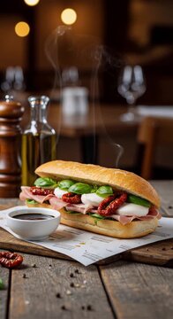A fresh submarine-style sandwich with ham, mozzarella, basil, and sun-dried tomatoes, served on a crusty baguette with a side of balsamic glaze, on a rustic wooden table.