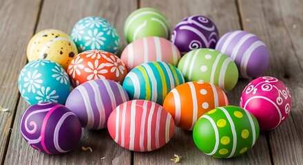 Fototapeta premium Colorful easter eggs arranged on a rustic wooden surface for easter celebration