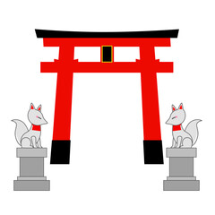 稲荷神社の鳥居と狐のイラスト