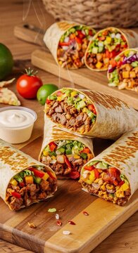 Stacked burritos filled with juicy beef and colorful vegetables, cut open to show peppers, onions, avocado, and lettuce on a wooden board. Steam rises from the warm tortillas.