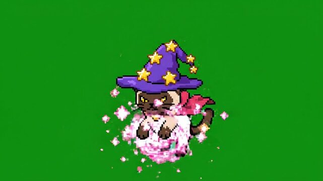 Cartoon cat in wizard costume on green background for creative projects