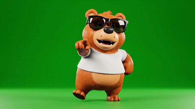 Cartoon bear wearing sunglasses posing on green background