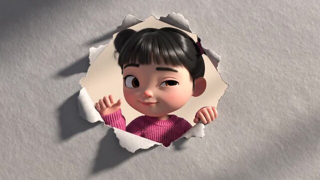 Cartoon child appears through a torn paper hole for various projects