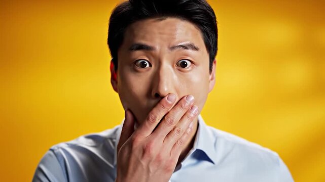 A young man expresses extreme surprise with wide eyes and an open mouth