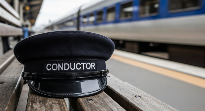 Train conductor hat at station &ndash; symbol of transport profession and journey
